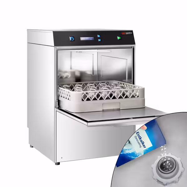 Dubbelwandige Glazenspoelmachine - 40x40cm - Digitaal - 2,97kW - met wasmiddeldoseerpomp, naglansmiddeldoseerpomp & ingebouwde waterontharder