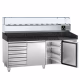 Table réfrigérée à pizza PREMIUM - 2000 x 800 mm - avec 2 portes et 7 tiroirs - incl. vitrine réfrigérée - 10 x GN 1/4
