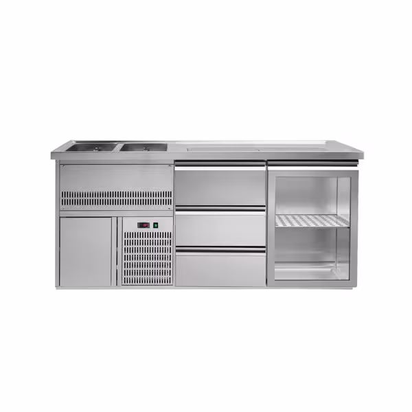 Frigider  pentru bere 1,95 x 0,7 m - cu 1 ușă din sticlă şi 3 sertare 1/3 + 1/3 + 1/3