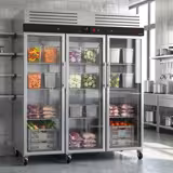 Dulap frigorific din oțel inoxidabil ECO - EN 600x400 - 1800 mm - 2100 l - 0/+8 °C - cu 3 uși din sticlă - răcire ventilată; agent R290; panou față; grile de susținere; încuietoare; termostat digital; pe roți