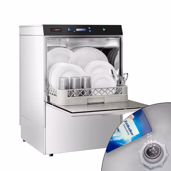 Dubbelwandige Professionele horeca vaatwasser - Digitaal - 3,9kW - met ingebouwde waterontharder - met zeepdoseerpomp, naglansdoseerpomp & afvoerpomp