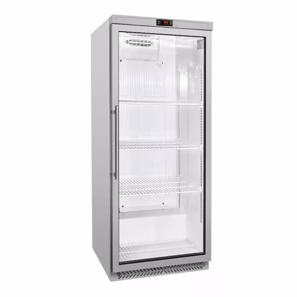 Voorraadkoelkast RVS ECO - 580l - met 1‑deurs glazen deur & 4 roosters - binnenzijde kunststof