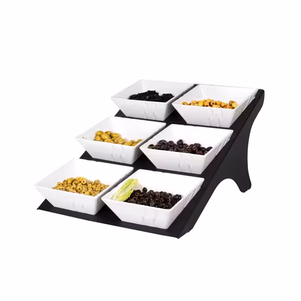Buffetstandaard - zwart gecoat RVS & melamine - rechthoekig/hoekig - 510x720x330mm - Hoogte: 330mm - incl. 6 melamineschalen 220x220mm