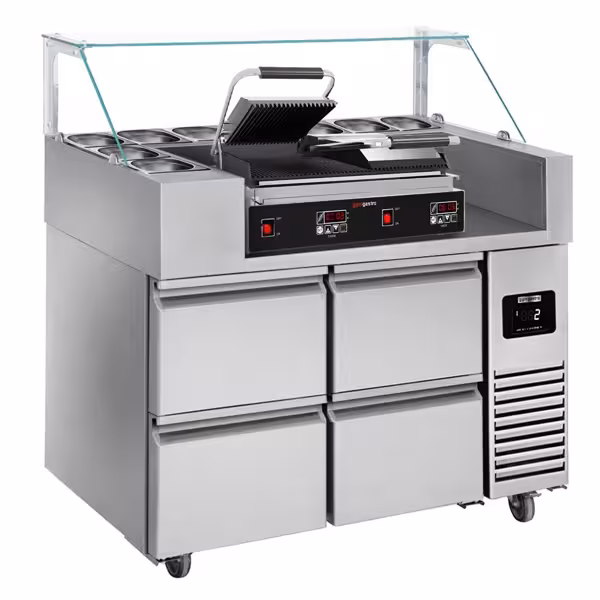 Saladette réfrigérée professionnelle - 1210x700mm - 4 tiroirs - pour 9x GN 1/6 - incl. vitrine à ingrédients