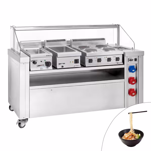 Mobiel kookstation - 1600x850mm - hoogte: 1170mm - incl. pastakoker, elektrisch fornuis & bain-marie