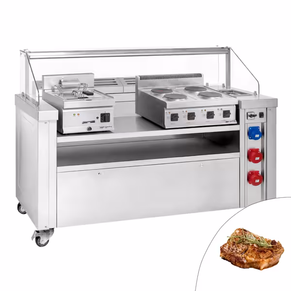 Station de cuisson mobile - 1600 x 850 mm - Hauteur : 1170 mm - incl. cuisinière électrique & bain-marie