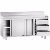Table armoire en acier inoxydable PREMIUM - 1600x700mm - avec portes coulissantes et 3 tiroirs à droite - avec dosseret