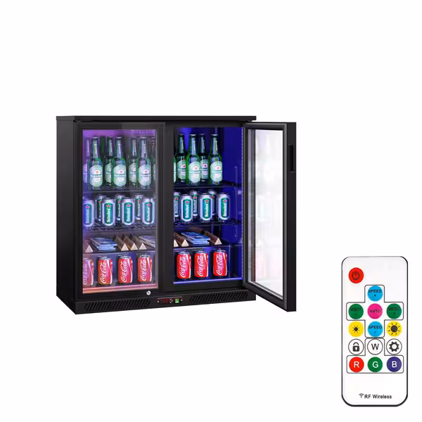 Bar fridge - 900mm - 220 liters - with 2 glass wing doors - outside & inside black