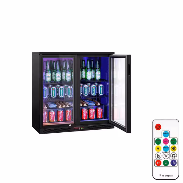 Frigider pentru bar – 900 mm – 220 litri – cu 2 uși batante din sticlă – exterior și interior negru
