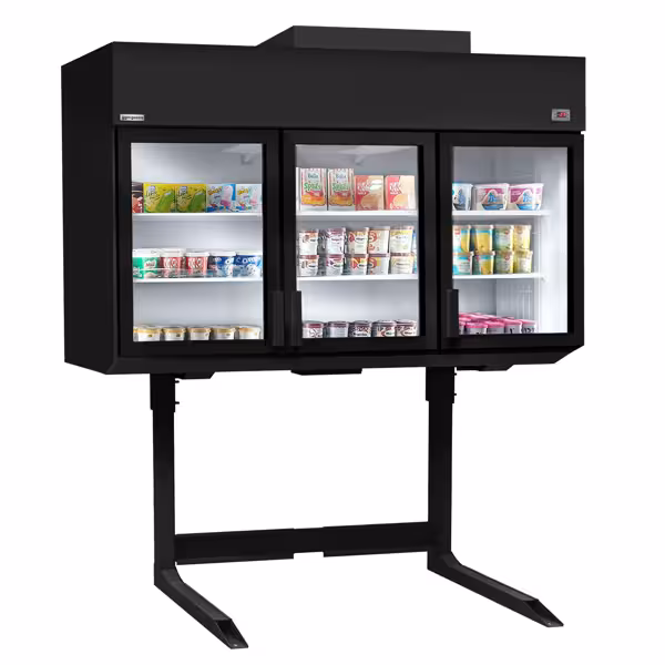 Lasiovellinen seinäkylmäkaappi PREMIUM - 2100 mm - 594 l - -23 – -18 °C tai -6 – 6 °C - mukana 4 kaksinkertaiset lasiovet & 6 hyllyä - musta