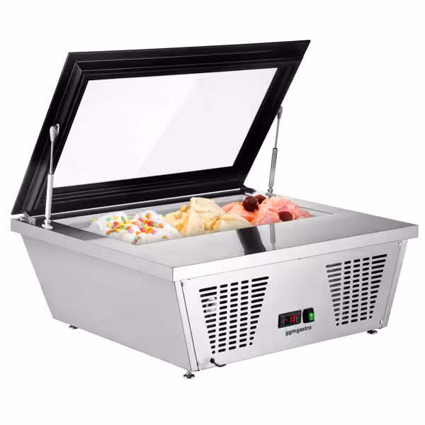 Vetrina gelato da banco - 867mm - Refrigerazione statica - con Illuminazione LED - per 4x Vasca da gelato da 5 Litri - Vetro dritto - Apertura coperchio lato lato operatore