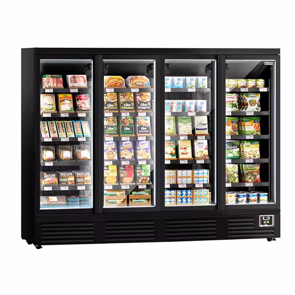 Espositore murale refrigerato - 2520 mm - 1900 litri - con 4 porte a battente con doppio vetro e 5 ripiani