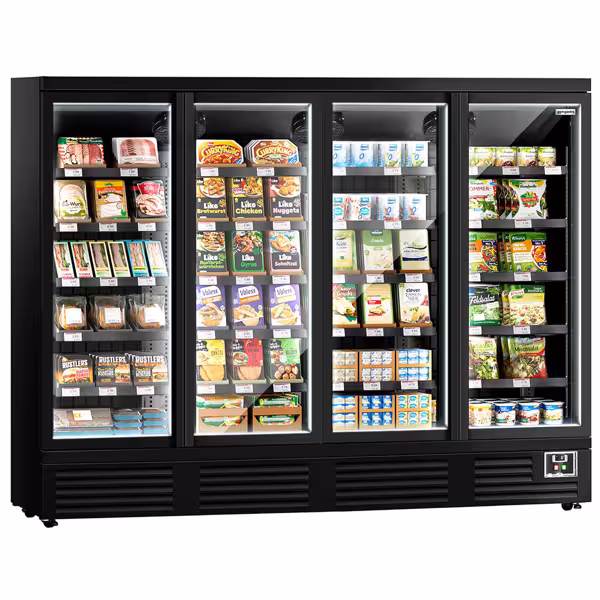 Murale Refrigerato Professionale - 2520mm - 1900l - +2°/+8°C - con 4 porte a battente in vetrocamera & 5 ripiani - Nero opaco