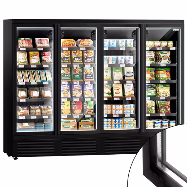 Commercial multideck display fridge - 2520mm - 1900L - with 4 hinged glass doors & 5 shelves - Black