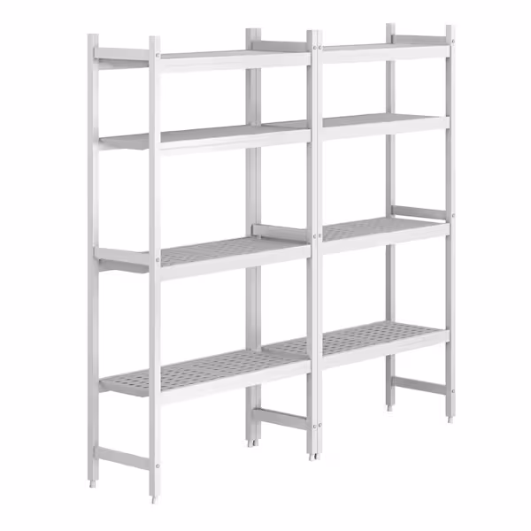 Aluminium/kunststof stelling - hoekopstelling L-vorm - 1786x1685mm - Diepte: 360mm - met 8 schappen (in hoogte verstelbaar) - Draagvermogen totaal: 600kg