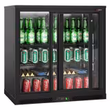 Masă frigorifică băuturi - 900 mm - 220 litri - cu 2 uși glisante din sticlă - exterior și interior negru