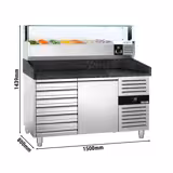 Table à pizza réfrigérée PREMIUM - 1500x800mm - dessus granit - avec 1 portes pleines & 7 tiroirs 600x400 - avec vitrine ingrédients réfrigérée LED - 7x GN 1/4