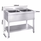 Commercial Sink Table PREMIUM - 1000x600 - Bottom Shelf - 2 Bowls middle
