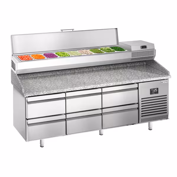 Pizzawerkbank PREMIUM PLUS - 1980x700mm - met granieten werkblad - met 6 laden - incl. opzetkoelvitrine - 9x GN 1/4