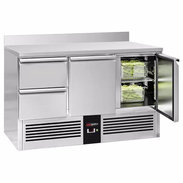 Saladette / Pizzakühltisch PREMIUM - 1,37 x 0,7 m - mit 2 Türen, 2 Schubladen & Aufkantung