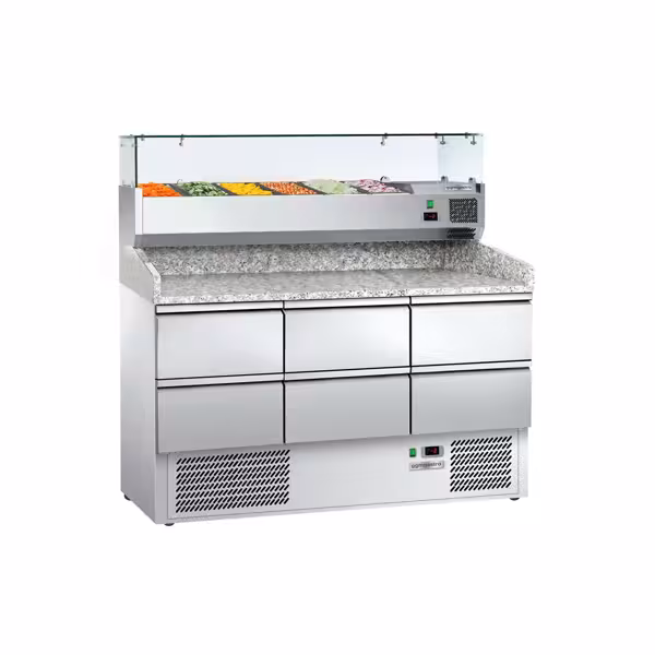 Rashladni pult za pripremu pizze ECO - 1400x700 mm - Sa 6 ladica 1/2 - Uklj. rashladnu nadograđenu vitrinu GN 1/4
