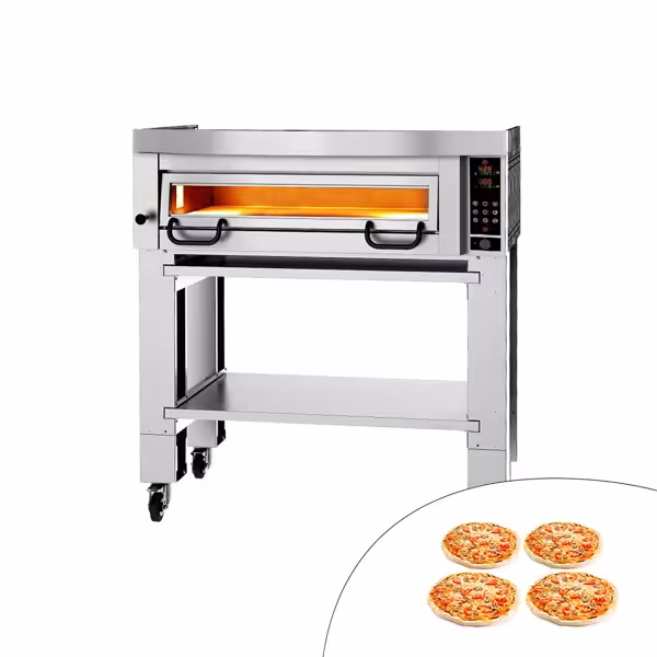 Elektrische pizzaoven (chamotte bakvloer) - 1130x1010x1135mm - 1 kamer - 1x4 pizza’s Ø34cm - tot 450°C - Digitaal - incl. afzuigkap & onderstel