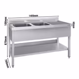 Stainless Steel Commercial Sink Unit ECO - 1400x700mm - with Double Bowl Left-hand - with Undershelf - with Upstand