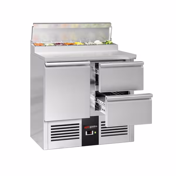 Saladette / mesa de preparação PREMIUM - 0,9 x 0,7 m - com 1 porta e 2 gavetas 1/2