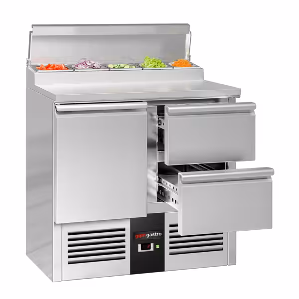 Saladette Compact PREMIUM - 900x700mm - met 1-deurs & 2 laden - opzet 5x GN 1/6 - incl. 2x GN 1/1 rooster