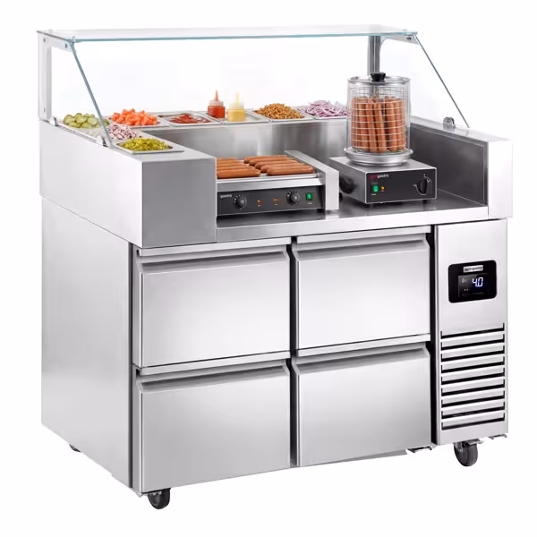 Zubereitungstisch - 1210mm - 4 Schubladen - für 9x GN 1/6 - inkl. Würstchengrill / Hot Dog Grill & -wärmer
