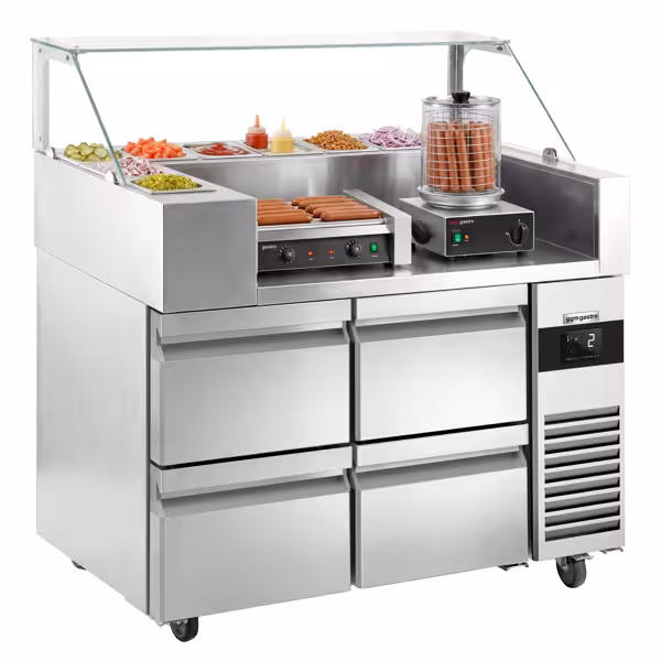 Zubereitungstisch - 1210mm - 4 Schubladen - für 9x GN 1/6 - inkl. Würstchengrill / Hot Dog Grill & -wärmer