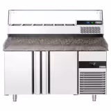 Commercial Pizza Prep Counter - Granite Top PREMIUM - 1550x800mm - with 2 doors - incl. refrigerated topping unit with glass sneeze guard - 6x GN 1/3