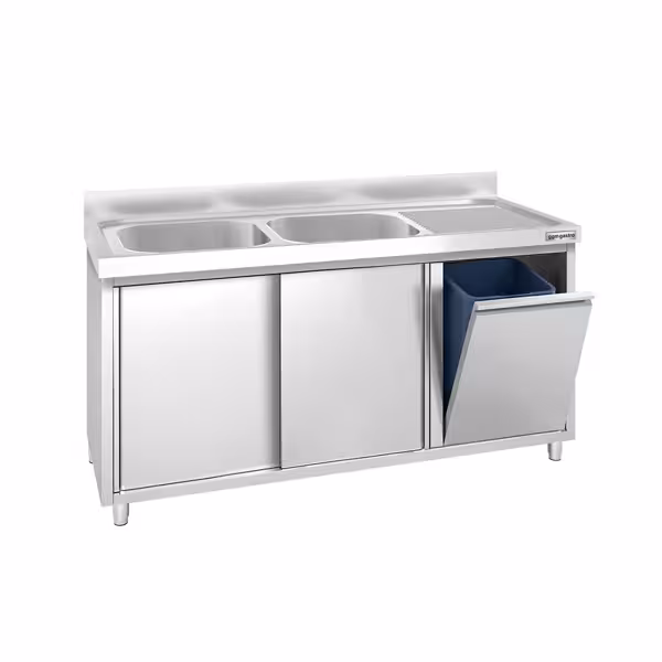 Commercial Sink Cabinet PREMIUM - 1400x700mm - with waste bin & 2 bowls left-hand