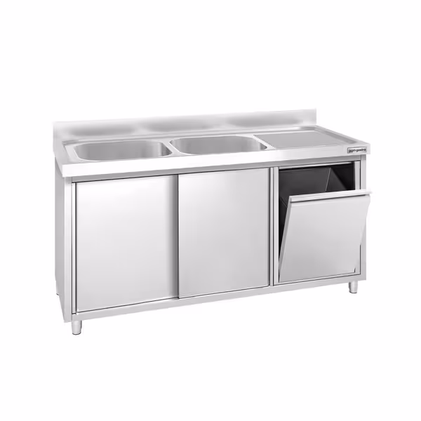 Стіл‑тумба з мийкою PREMIUM - з нержавіючої сталі AISI 304 - 1400x600 мм - з AIR-WOLF - відром для сміття - 2‑секційна зліва