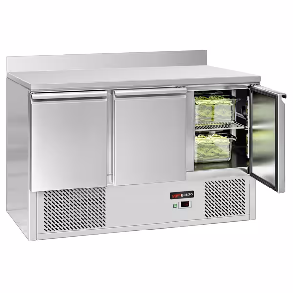 Saladette / Pizzakühltisch ECO - 1,37 x 0,7 m - mit 3 Türen & Aufkantung