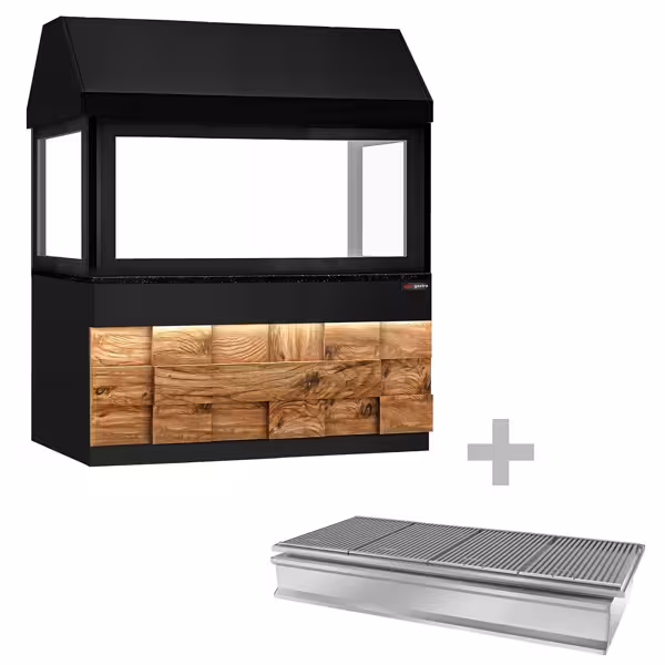 Charcoal - Griglia a carbone TORONTO professionale - 1910mm - frontale in legno - piano di lavoro in granito nero - vetro temperato di protezione - 4 griglie - Nero