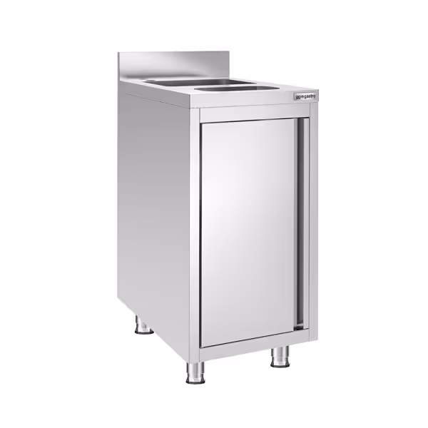 Nerezový dřezový stůl s posuvnými dveřmi - nerezová ocel - 400x600 mm - s košem na odpad - s 1 dřezem