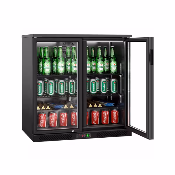 Barkühlschrank - 900mm - 220 Liter - mit 2 Glasflügeltüren - Außen & Innen Schwarz