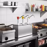 Saus/doseerdispenser - 3x 2,5 liter - druppelvrije schenktuit - incl. roestvrijstalen rekje