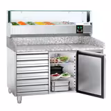 Pizzawerkbank PREMIUM - 1500x800mm - met granieten werkblad - met 1 deur & 7 laden - incl. glasvitrine LED - 7x GN 1/4