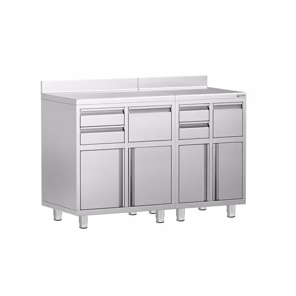 Commercial Coffee Station Cabinet - 1400x600mm - with 4 Drawers, 2 Doors, 2 Tilting Knockout Drawers - with Rear Upstand