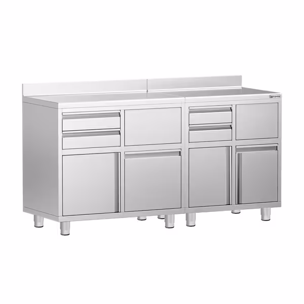 Koffiemachine onderkast RVS werkkast - voor koffiezetapparaat - 1400x600mm - met 4 laden, 4 deuren, 2 uitkloplades - met achteropstand