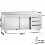 Tavolo armadiato in acciaio inox PREMIUM - 2000x700mm - con 2 porte scorrevoli + 3 cassetti a destra - con alzatina
