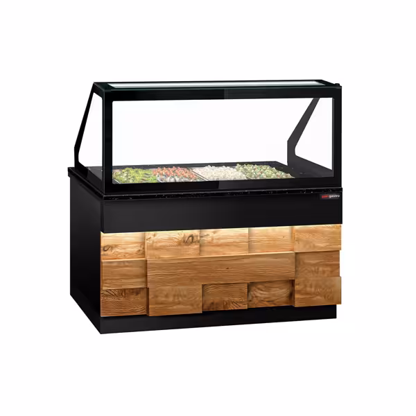 Saladette TORONTO - 1500mm - rivestimento frontale in legno - 2 porte - con vetrina in vetro dritto per 4x GN 1/1, 1 ripiano - piano di lavoro in granito nero