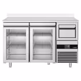 Commercial Back Bar Bottle Cooler PREMIUM - 1580x600x1150mm - with 2 Hinged Glass Doors, upstand & knock box for coffee - Stainless Steel