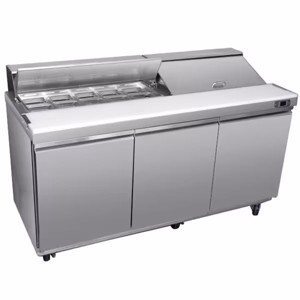 Saladette American Style PREMIUM - 1830mm - 623lt - 3 porte - con vano ingredienti per 18x GN 1/6, coperchio in acciaio inox - incl. 18x contenitori GN 1/6