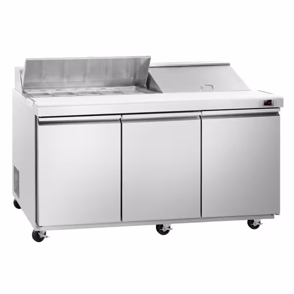 Commercial Saladette Counter American Style PREMIUM - 1830mm - 1940L - 3 doors - open top for 18 x GN 1/6 & stainless steel hinged lid - incl. 18x GN 1/6 pans