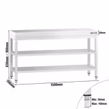 Rozsdamentes acél munkaasztal PREMIUM - 1500x700 mm - alsó polccal & köztes polccal