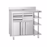 Commercial Work Cabinet - Coffee Machine Cabinet PREMIUM – Stainless Steel – Knock Box – 2 Doors – 2 Drawers – Right 3-Tier Shelf – 1000×600 mm