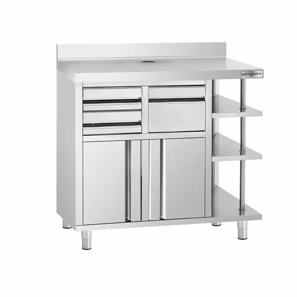Gesloten RVS werktafel - 1000x600mm - met 2 draaideuren, 2 laden - met achteropstand